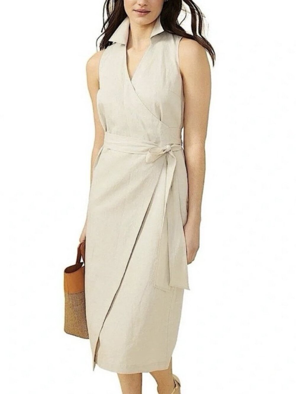 J. McLaughlin Wrap Midi Dress Size S Small Sand Tencel Linen Blend NEW $268